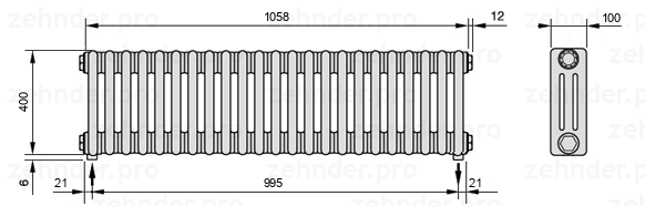 Схема (чертеж) Радиатор Zehnder Charleston 3040/23 №3570 Белый глянцевый RAL 9016